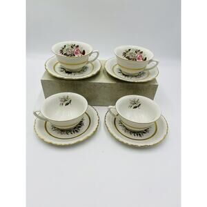 Royal Jackson Fine China Set Of 4 Teacup And Saucer Flower W/ Gold Trim